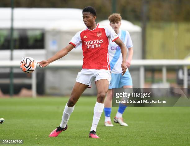 Chido Martin-Obi of Arsenal during the Premier League U18 match between Arsenal and Crystal Palace at Sobha Realty Training Centre on March 16, 2024...