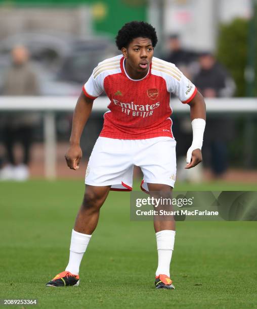 Myles Lewis-Skelly of Arsenal during the Premier League U18 match between Arsenal and Crystal Palace at Sobha Realty Training Centre on March 16,...