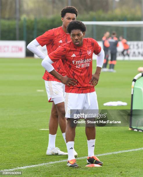 Myles Lewis-Skelly of Arsenal before the Premier League U18 match between Arsenal and Crystal Palace at Sobha Realty Training Centre on March 16,...