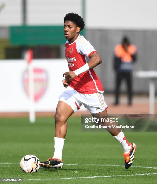 Myles Lewis-Skelly of Arsenal during the Premier League U18 match between Arsenal and Crystal Palace at Sobha Realty Training Centre on March 16,...