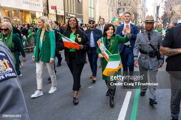 New York Attorney General Letitia James and Governor Kathy Hochul march in the St. Patrick’s Day parade on March 16, 2024 in New York City.