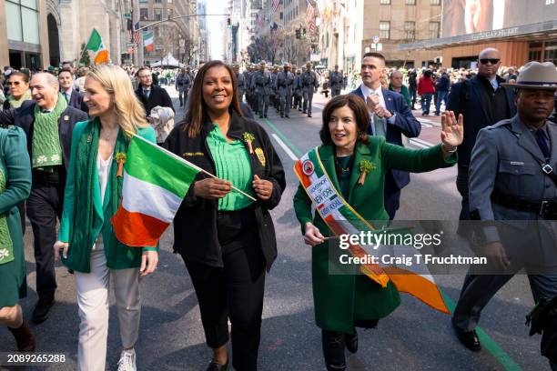 New York Attorney General Letitia James and Governor Kathy Hochul march in the St. Patrick’s Day parade on March 16, 2024 in New York City.