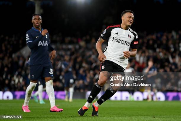 Rodrigo Muniz of Fulham celebrates scoring his team's first goal during the Premier League match between Fulham FC and Tottenham Hotspur at Craven...