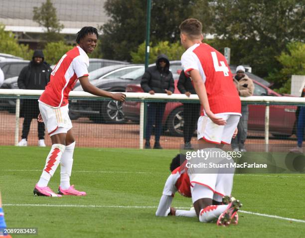 Osman Kamara celebrates scoring the 6th Arsenal goal during the Premier League U18 match between Arsenal and Crystal Palace at Sobha Realty Training...