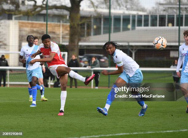 Chido Martin-Obi scores the 4th Arsenal goal during the Premier League U18 match between Arsenal and Crystal Palace at Sobha Realty Training Centre...