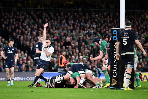 Andrew Porter of Ireland scores his team's second try during the Guinness Six Nations 2024 match between Ireland and Scotland at Aviva Stadium on...