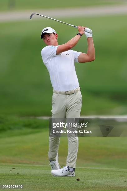 Maverick McNealy of the United States plays a shot on the first hole during the third round of THE PLAYERS Championship at TPC Sawgrass on March 16,...