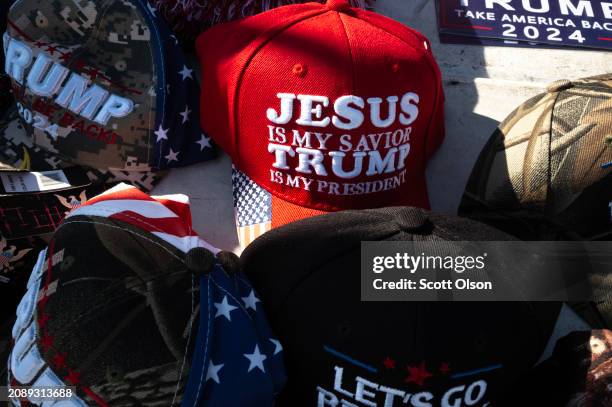 Merchandise is offered for sale before the start of a rally with Republican presidential candidate former President Donald Trump at the Dayton...