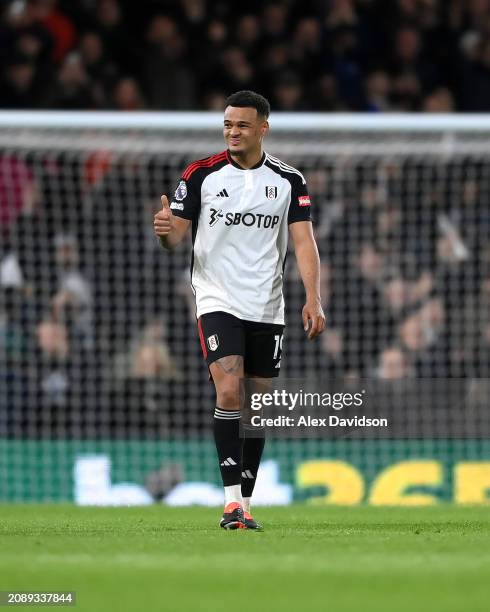 Rodrigo Muniz of Fulham celebrates scoring his team's third goal during the Premier League match between Fulham FC and Tottenham Hotspur at Craven...