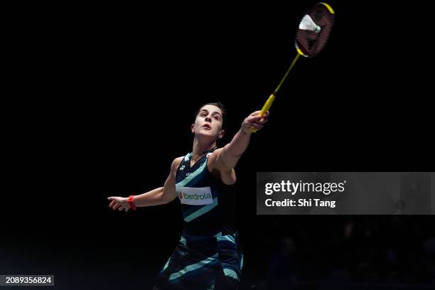 Carolina Marin of Spain competes in the Women's Singles Semi Finals match against Tai Tzu Ying of Chinese Taipei during day five of the Yonex All...