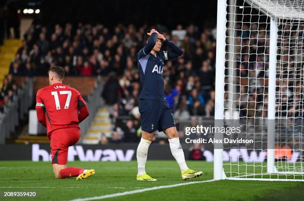 Son Heung-Min of Tottenham Hotspur reacts after a missed chance during the Premier League match between Fulham FC and Tottenham Hotspur at Craven...