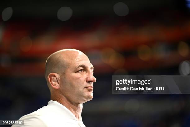 Steve Borthwick, Head Coach of England, looks on prior to the Guinness Six Nations 2024 match between France and England at Groupama Stadium on March...