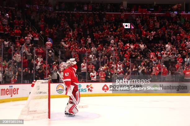 James Reimer of the Detroit Red Wings celebrates a 4-1 win over the Buffalo Sabres at Little Caesars Arena on March 16, 2024 in Detroit, Michigan.
