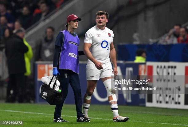 George Furbank of England is substituted off during the Guinness Six Nations 2024 match between France and England at Groupama Stadium on March 16,...