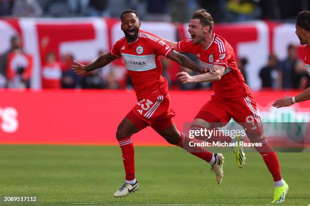 Kellyn Acosta of Chicago Fire FC celebrates after scoring the game-winning goal against the CF Montréal in stoppage time of the second half at...