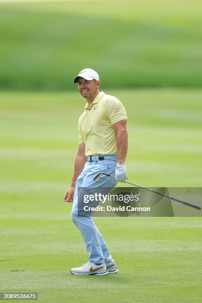 Rory McIlroy of Northern Ireland reacts to his second shot on the first hole during the third round of THE PLAYERS Championship at TPC Sawgrass on...