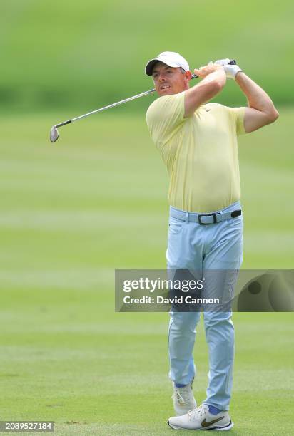 Rory McIlroy of Northern Ireland plays his second shot on the first hole during the third round of THE PLAYERS Championship at TPC Sawgrass on March...