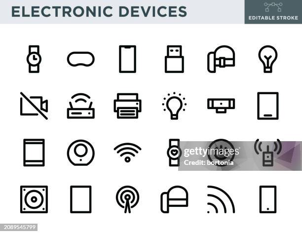 electronic devices thin line icon set - editable stroke - action camera stock illustrations