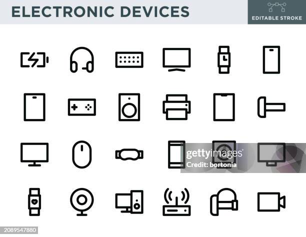 electronic devices thin line icon set - editable stroke - action camera stock illustrations