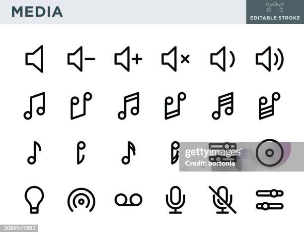 ilustrações de stock, clip art, desenhos animados e ícones de media thin line icon set - editable stroke - nota musical