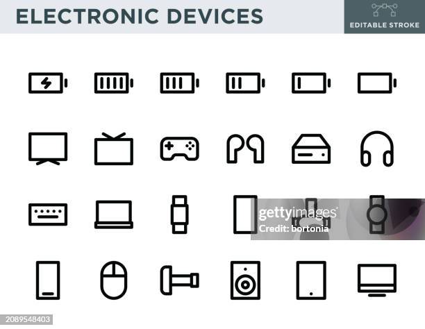 electronic devices thin line icon set - editable stroke - action camera stock illustrations