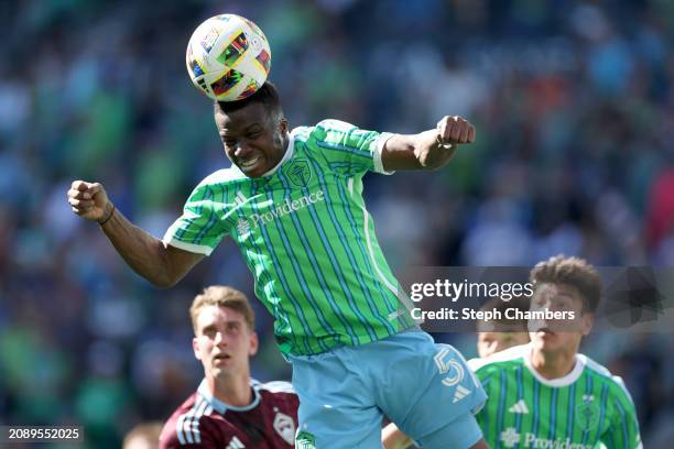 Nouhou Tolo of Seattle Sounders heads the ball during the first half against the Colorado Rapids at Lumen Field on March 16, 2024 in Seattle,...