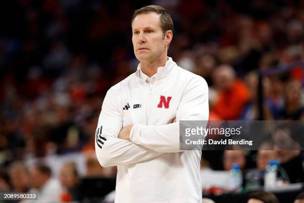 Head coach Fred Hoiberg of the Nebraska Cornhuskers looks on against the Illinois Fighting Illini in the first half at Target Center in the...