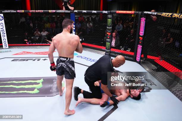 Thiago Moises of Brazil reacts after his victory over Mitch Ramirez in their lightweight fight during the UFC Fight Night event at UFC APEX on March...