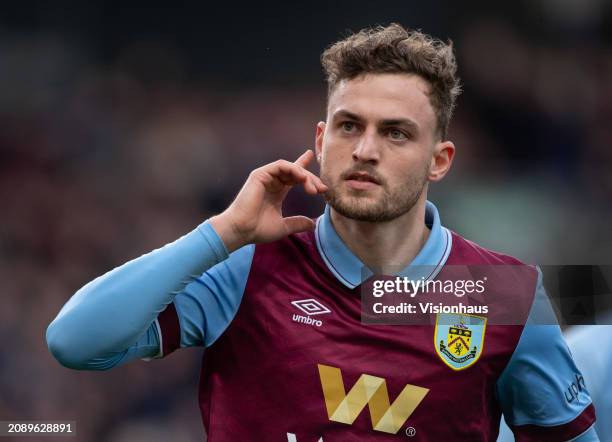 Jacob Bruun Larsen o Burnley celebrates scoring the first goal during the Premier League match between Burnley FC and Brentford FC at Turf Moor on...