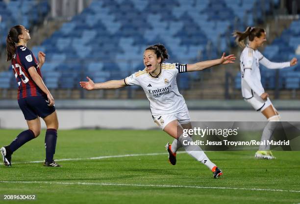 Ivana Andres player of Real Madrid celebrates after scoring a goal at Estadio Alfredo Di Stefano on March 16, 2024 in Madrid, Spain.