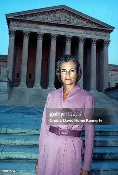 Newly appointed Supreme Court Justice Sandra Day O'Connor stands in front of the U.S. Supreme Court building September 1981 in Washington, D.C....