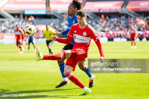 Brian Gutierrez of Chicago Fire crosses the ball during a game between CF Montreal and Chicago Fire FC at Soldier Field on March 16, 2024 in Chicago,...