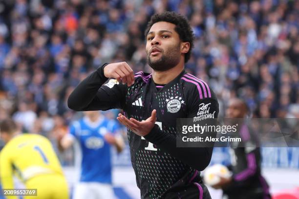 Serge Gnabry of Bayern Muenchen celebrates the team's fourth goal during the Bundesliga match between SV Darmstadt 98 and FC Bayern München at...
