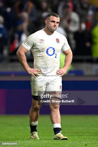 Ben Earl of England looks dejected following the team's defeat during the Guinness Six Nations 2024 match between France and England at Groupama...