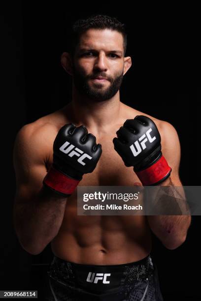Thiago Moises of Brazil poses for a portrait backstage during the UFC Fight Night event at UFC APEX on March 16, 2024 in Las Vegas, Nevada.