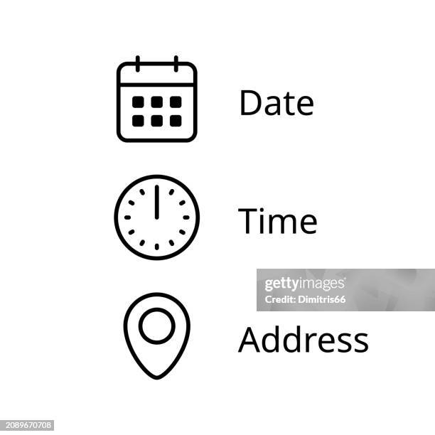 datums-, zeit- und adresssymbole mit bearbeitbarem strich - datum stock-grafiken, -clipart, -cartoons und -symbole