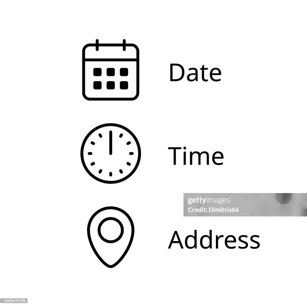 Date, Time, Address location icons with editable stroke