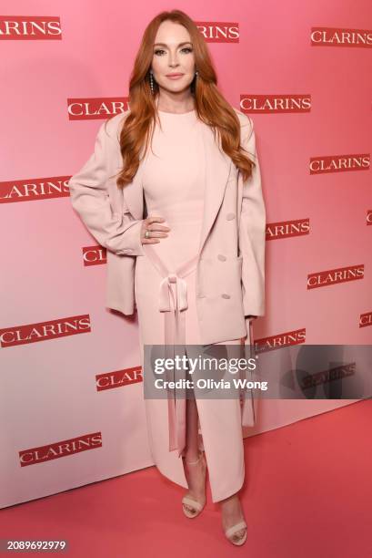 Lindsay Lohan attends Clarins New Product Launch Party at Private Residence on March 15, 2024 in Los Angeles, California.