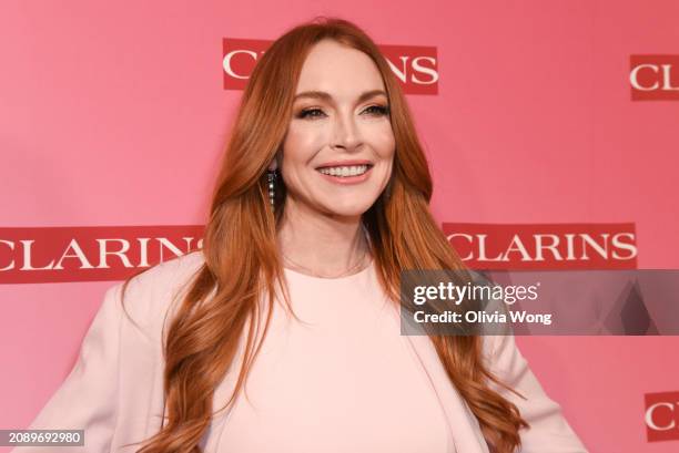 Lindsay Lohan attends Clarins New Product Launch Party at Private Residence on March 15, 2024 in Los Angeles, California.