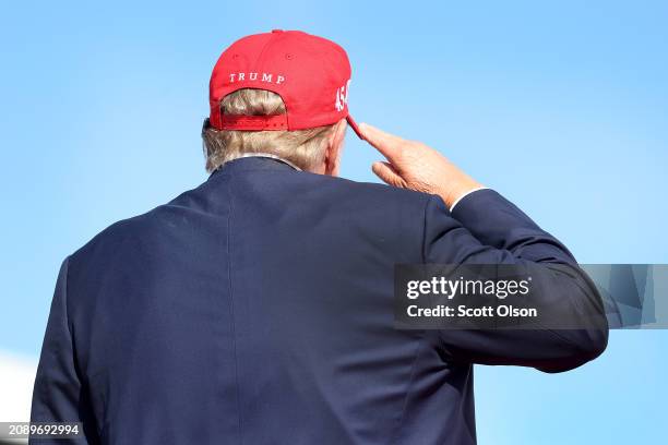 Republican presidential candidate former President Donald Trump arrives for a rally at the Dayton International Airport on March 16, 2024 in...