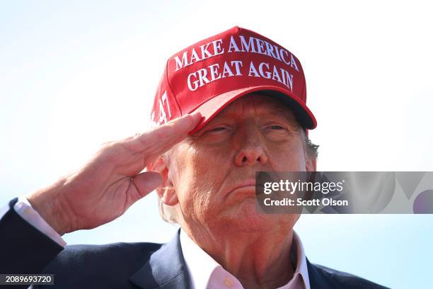 Republican presidential candidate former President Donald Trump arrives for a rally at the Dayton International Airport on March 16, 2024 in...