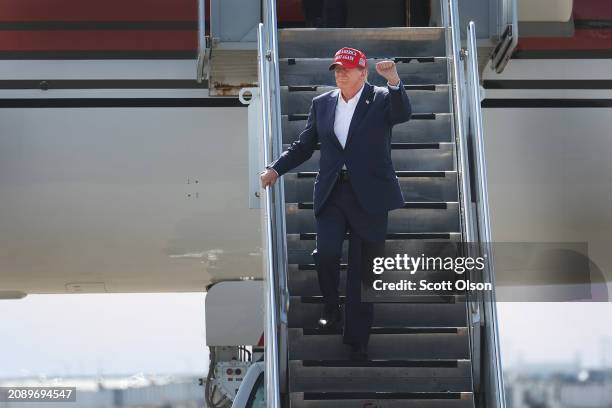 Republican presidential candidate former President Donald Trump arrives for a rally at the Dayton International Airport on March 16, 2024 in...