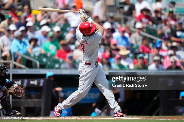 Nick Castellanos of the Philadelphia Phillies at bat during a spring training game against the Miami Marlins at Roger Dean Stadium on March 16, 2024...