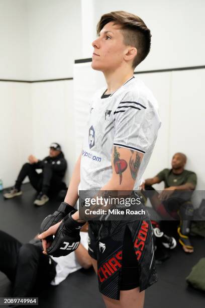 Macy Chiasson waits backstage during the UFC Fight Night event at UFC APEX on March 16, 2024 in Las Vegas, Nevada.