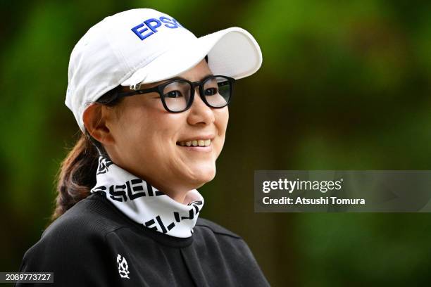 Sakura Yokomine of Japan smiles on the 10th hole during the final round of V POINT x ENEOS GOLF TOURNAMENT at Kagoshima Takamaki Country Club on...