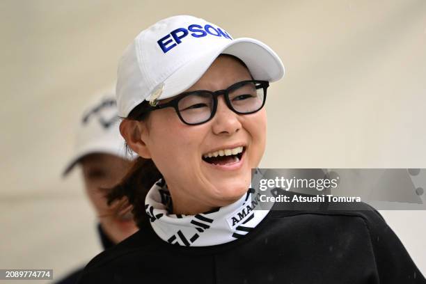 Sakura Yokomine of Japan smiles on the 10th hole during the final round of V POINT x ENEOS GOLF TOURNAMENT at Kagoshima Takamaki Country Club on...