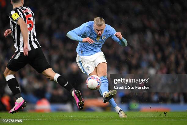 Manchester City player Erling Haaland shoots at goal during the Emirates FA Cup Quarter Final match between Manchester City and Newcastle United at...