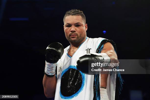 Joe Joyce celebrates victory over Kash Ali in the Heavyweight fight between Joe Joyce and Kash Ali at Resorts World Arena on March 16, 2024 in...