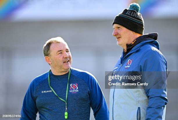 Northern Ireland , United Kingdom - 19 March 2024; Interim head coach Richie Murphy, left, and assistant coach Dan Soper during Ulster Rugby squad...