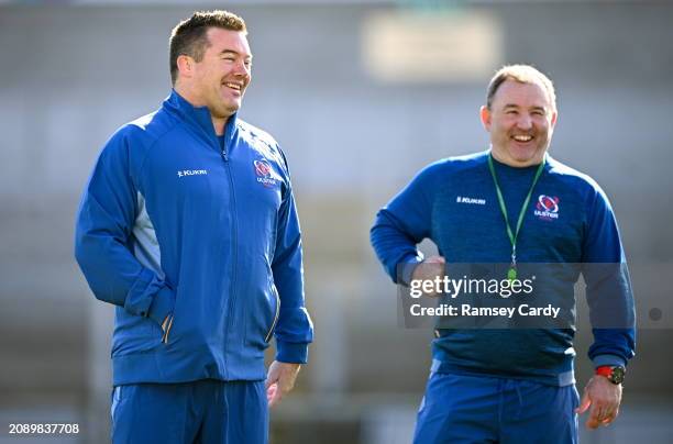 Northern Ireland , United Kingdom - 19 March 2024; National scrum coach John Fogarty, left, and interim head coach Richie Murphy during Ulster Rugby...